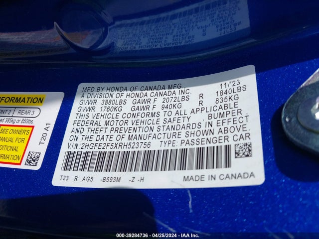 Honda Civic Sport 2024 2HGFE2F5XRH523756 Image 9