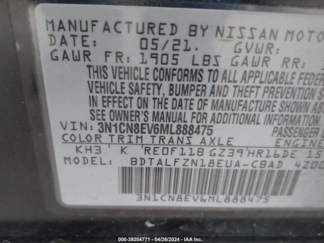 3N1CN8EV6ML888475 Nissan Versa Sv Xtronic Cvt