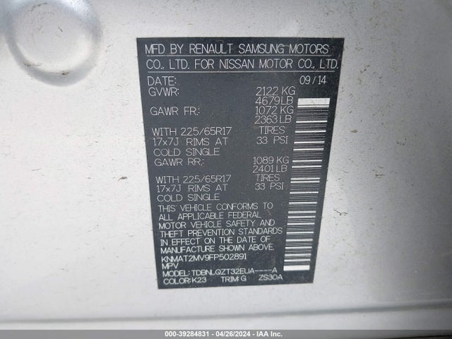 Nissan ROGUE SV 2015 KNMAT2MV9FP502891 Image 9
