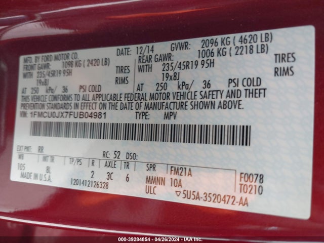 Ford Escape Titanium 2015 1FMCU0JX7FUB04981 Image 9