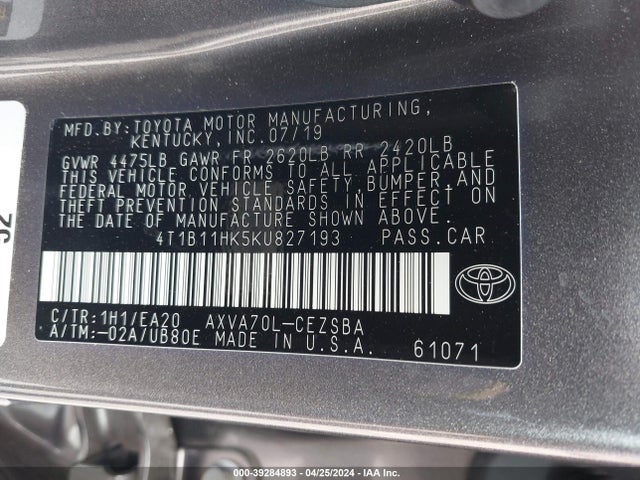 Aukcja sprzedaży 2019 Toyota Camry Se, vin: 4T1B11HK5KU827193, numer aukcji: 39284893