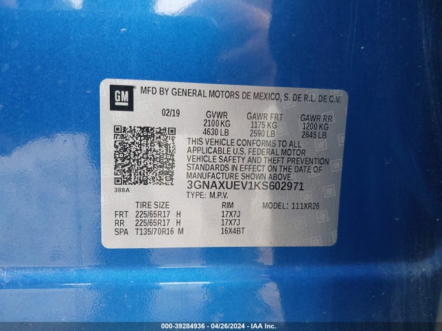 Chevrolet EQUINOX LT 2019 3GNAXUEV1KS602971 Image 9