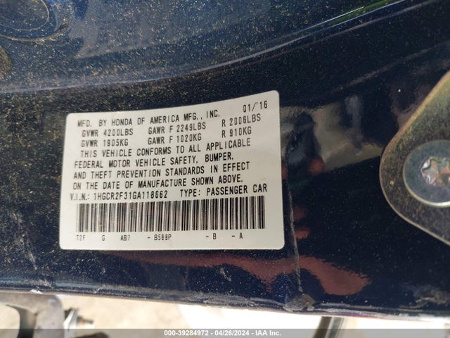 Honda ACCORD LX 2016 1HGCR2F31GA118662 Image 9