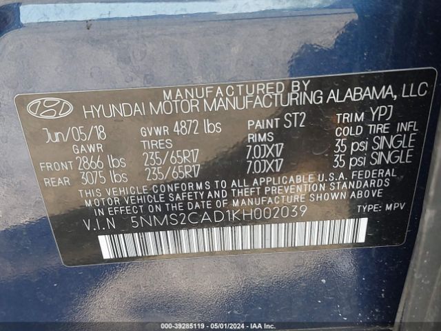 5NMS2CAD1KH002039 Hyundai Santa Fe Se