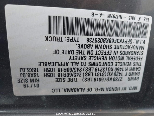 Honda Ridgeline Rtl-t 2019 5FPYK3F68KB029736 Image 9
