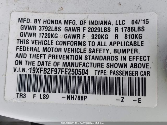 19XFB2F97FE250504 Honda Civic Ex-l