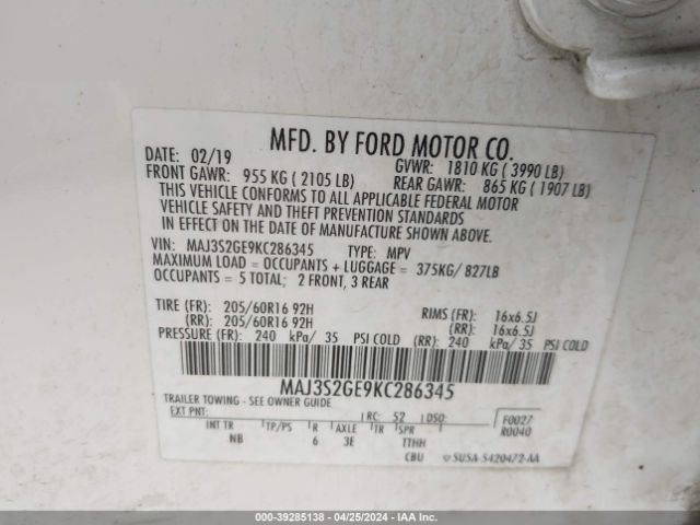MAJ3S2GE9KC286345 Ford Ecosport Se