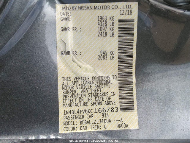 Nissan Altima 2.5 Platinum 2019 1N4BL4FV6KC166783 Image 9