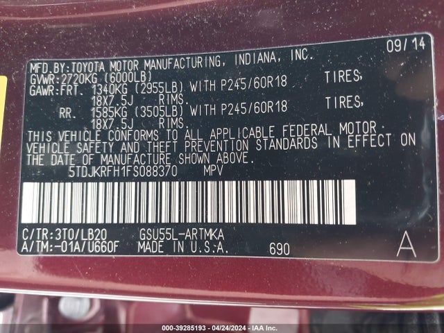 Toyota Highlander Xle V6 2015 5TDJKRFH1FS088370 Image 9