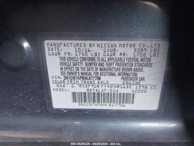 3N1CN7AP8HL817706 Nissan Versa 1.6 S