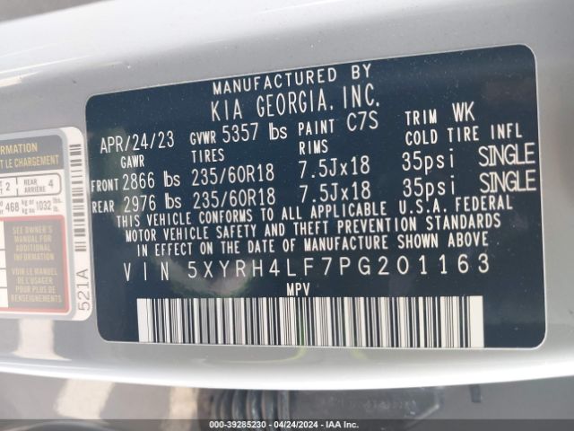 5XYRH4LF7PG201163 KIA SORENTO EX
