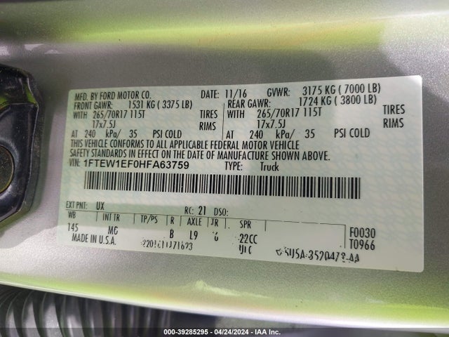 1FTEW1EF0HFA63759 Ford F-150 Xlt