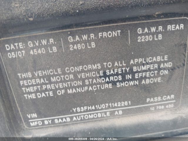 2007 SAAB 9-3 YS3FH41U071142261 Photo 8