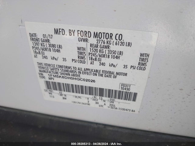Ford EXPLORER XLT 2017 1FM5K8DH0HGC02026 Image 9