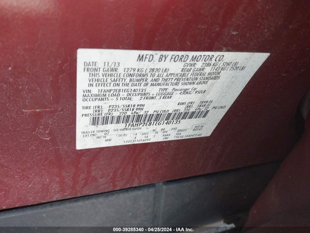 Ford TAURUS SEL 2014 1FAHP2E81EG140135 Image 9