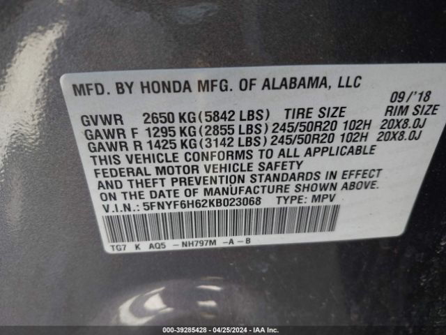 5FNYF6H62KB023068 Honda Pilot Touring