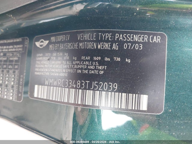 2003 MINI COOPER WMWRC33483TJ52039 Photo 8