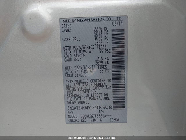 Nissan ROGUE SV 2014 5N1AT2MK6EC798508 Image 9