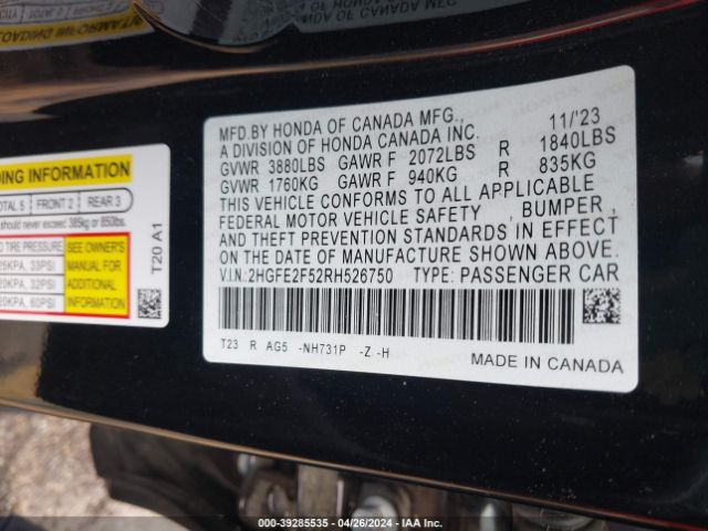 2HGFE2F52RH526750 Honda Civic Sport