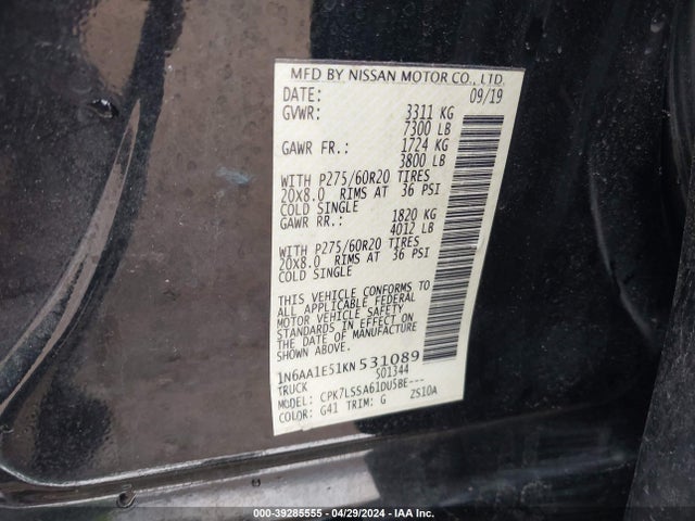 Nissan TITAN SV 2019 1N6AA1E51KN531089 Image 9