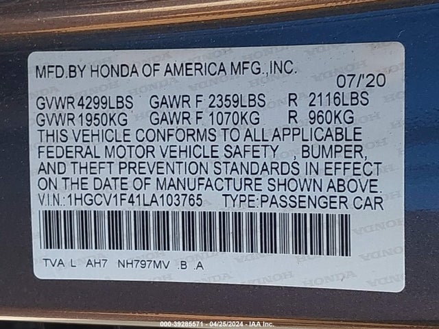 Honda ACCORD EX 2020 1HGCV1F41LA103765 Image 9