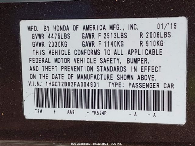 1HGCT2B82FA004901 Honda Accord Ex-l V-6