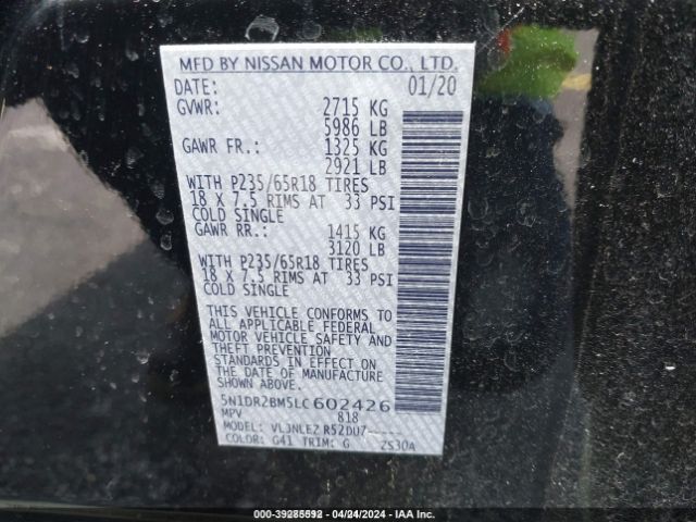 5N1DR2BM5LC602426 Nissan Pathfinder Sv 4wd