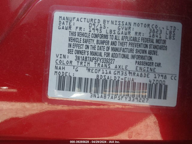 Nissan SENTRA SV 2015 3N1AB7AP5FY339227 Image 9