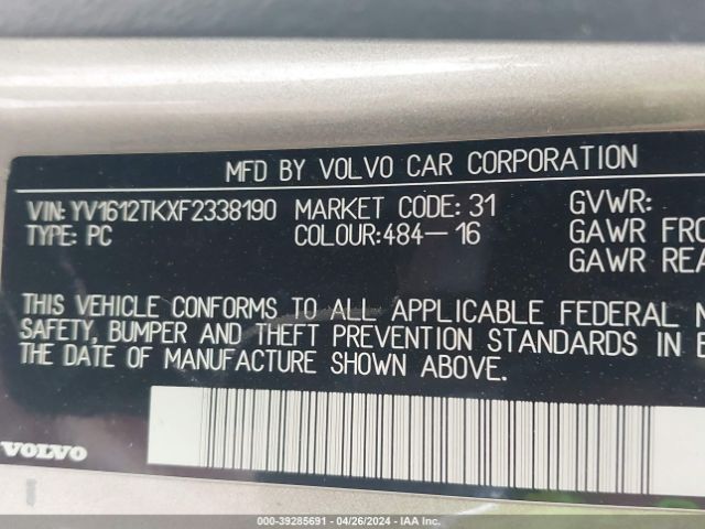 YV1612TKXF2338190 Volvo S60 T5 Premier