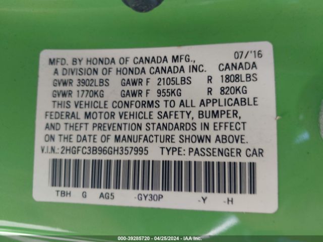 2HGFC3B96GH357995 Honda Civic Touring