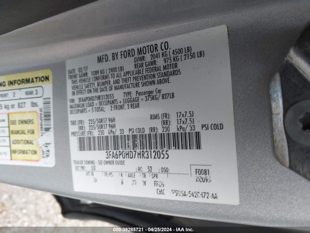 Ford FUSION SE 2017 3FA6P0HD7HR312055 Image 9