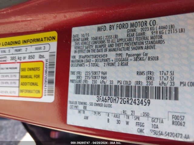 Ford FUSION SE 2016 3FA6P0H72GR243459 Image 9