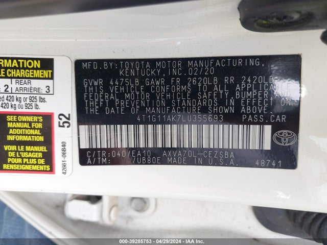 Toyota CAMRY SE 2020 4T1G11AK7LU355693 Image 9