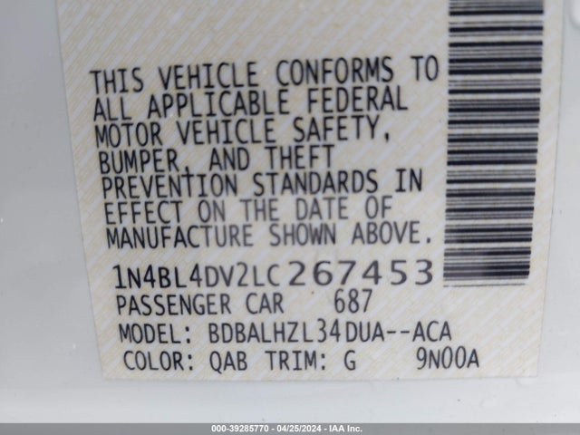 Nissan Altima Sv Fwd 2020 1N4BL4DV2LC267453 Image 9