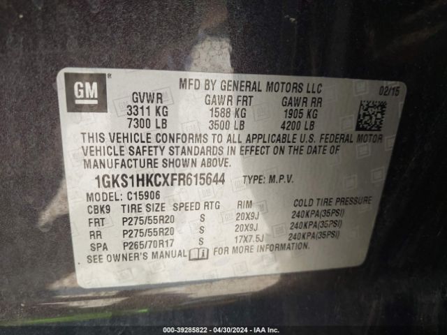 1GKS1HKCXFR615644 GMC Yukon Xl 1500 Slt