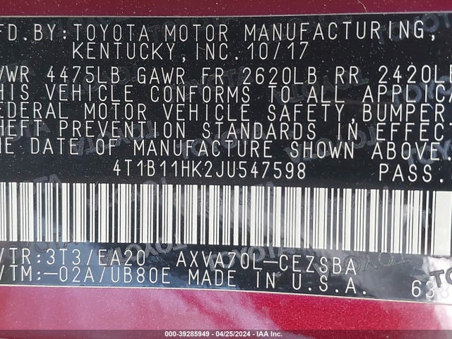 Toyota CAMRY SE 2018 4T1B11HK2JU547598 Image 9