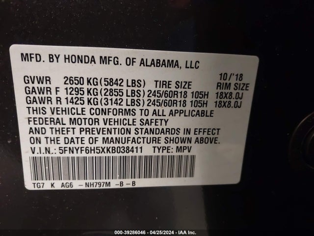 Honda Pilot Ex-l 2019 5FNYF6H5XKB038411 Image 9