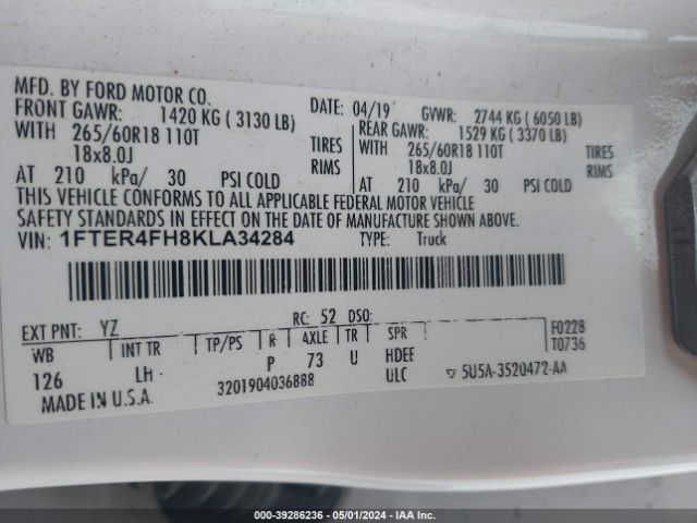 1FTER4FH8KLA34284 Ford Ranger Xlt