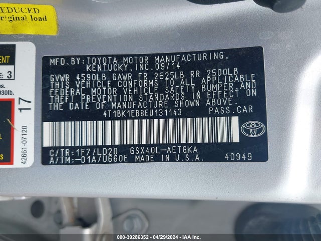 Toyota AVALON XLE 2014 4T1BK1EB8EU131143 Image 9