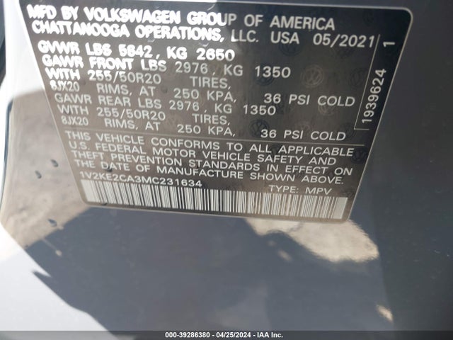 1V2KE2CA3MC231634 Volkswagen Atlas Cross Sport 3.6l V6 Se W/technology