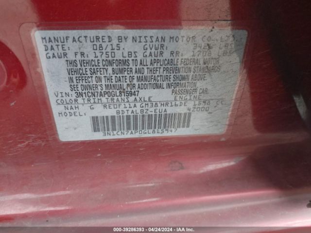 3N1CN7AP0GL815947 Nissan Versa 1.6 S/1.6 S+/1.6 Sl/1.6 Sv
