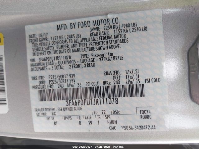 3FA6P0PU1JR111078 Ford Fusion Energi Se Luxury