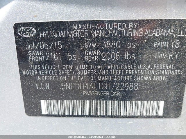Hyundai Elantra Value Edition 2016 5NPDH4AE1GH722988 Image 9
