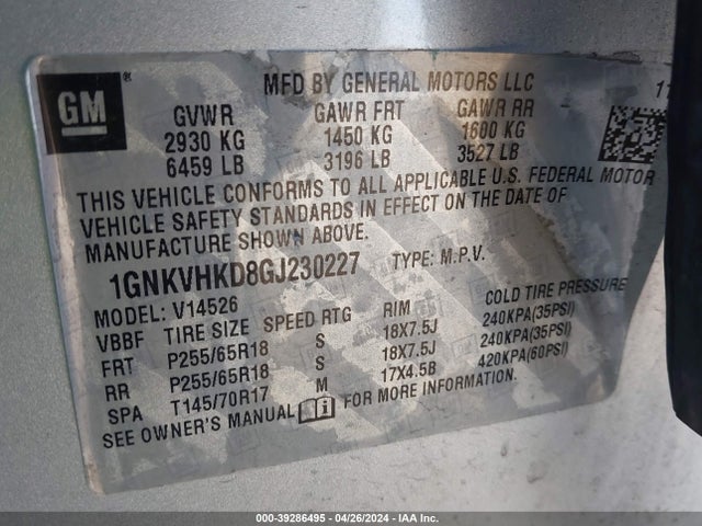 Chevrolet Traverse 2lt 2016 1GNKVHKD8GJ230227 Image 9
