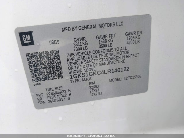 1GKS1GKC4LR146122 GMC Yukon Xl 2wd Slt