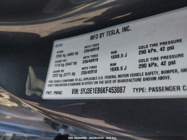 5YJ3E1EB6KF453087 Tesla Model 3 Long Range/performance