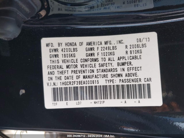 Honda ACCORD LX 2014 1HGCR2F39EA000615 Image 9