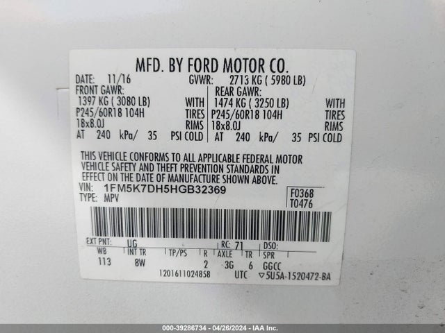 Ford EXPLORER XLT 2017 1FM5K7DH5HGB32369 Image 9