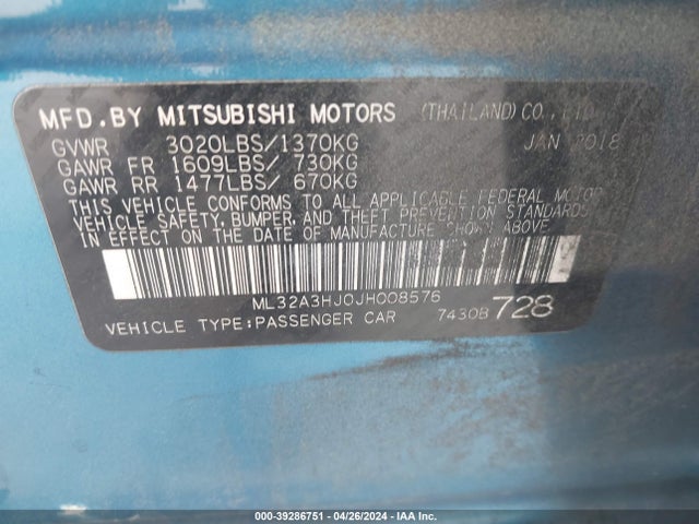 ML32A3HJ0JH008576 Mitsubishi MIRAGE ES