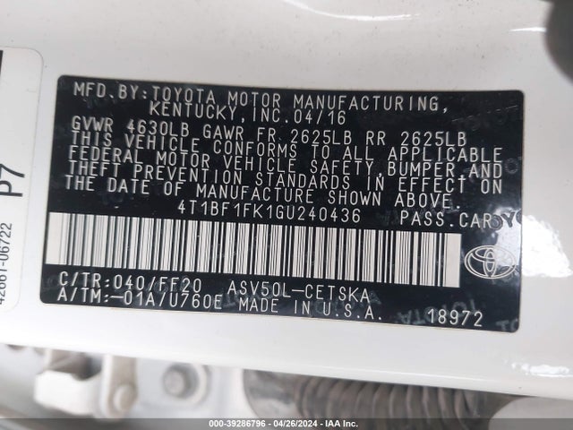 Toyota CAMRY SE 2016 4T1BF1FK1GU240436 Image 9